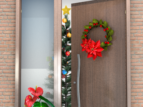 圣诞花环 - 红色花朵 3D 模型