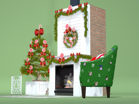 크리스마스 롤리팝 벽난로 가득 3D 모델