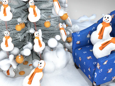 Puf y almohada de mu&ntilde;eco de nieve navide&ntilde;o Modelo 3D