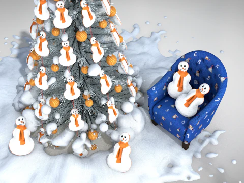 Puf y almohada de mu&ntilde;eco de nieve navide&ntilde;o Modelo 3D