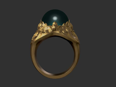 Green Stone Ring with gold flower 3D Print Model