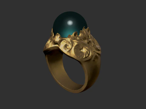 Green Stone Ring with gold flower 3D Print Model