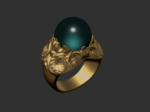 Green Stone Ring with gold flower 3D Print Model