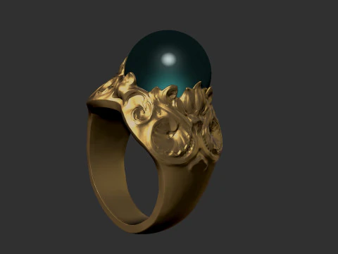 Green Stone Ring with gold flower 3D Print Model