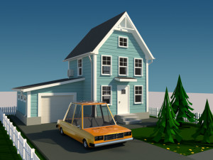 cartoon house with car low-poly Modello 3D