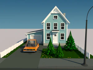 cartoon house with car low-poly 3D Model
