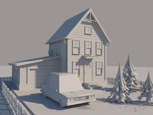 cartoon house with car low-poly 3D मॉडल