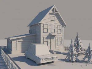 cartoon house with car low-poly 3D Model