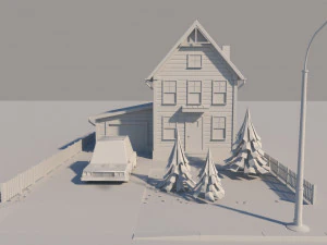 cartoon house with car low-poly 3D Model