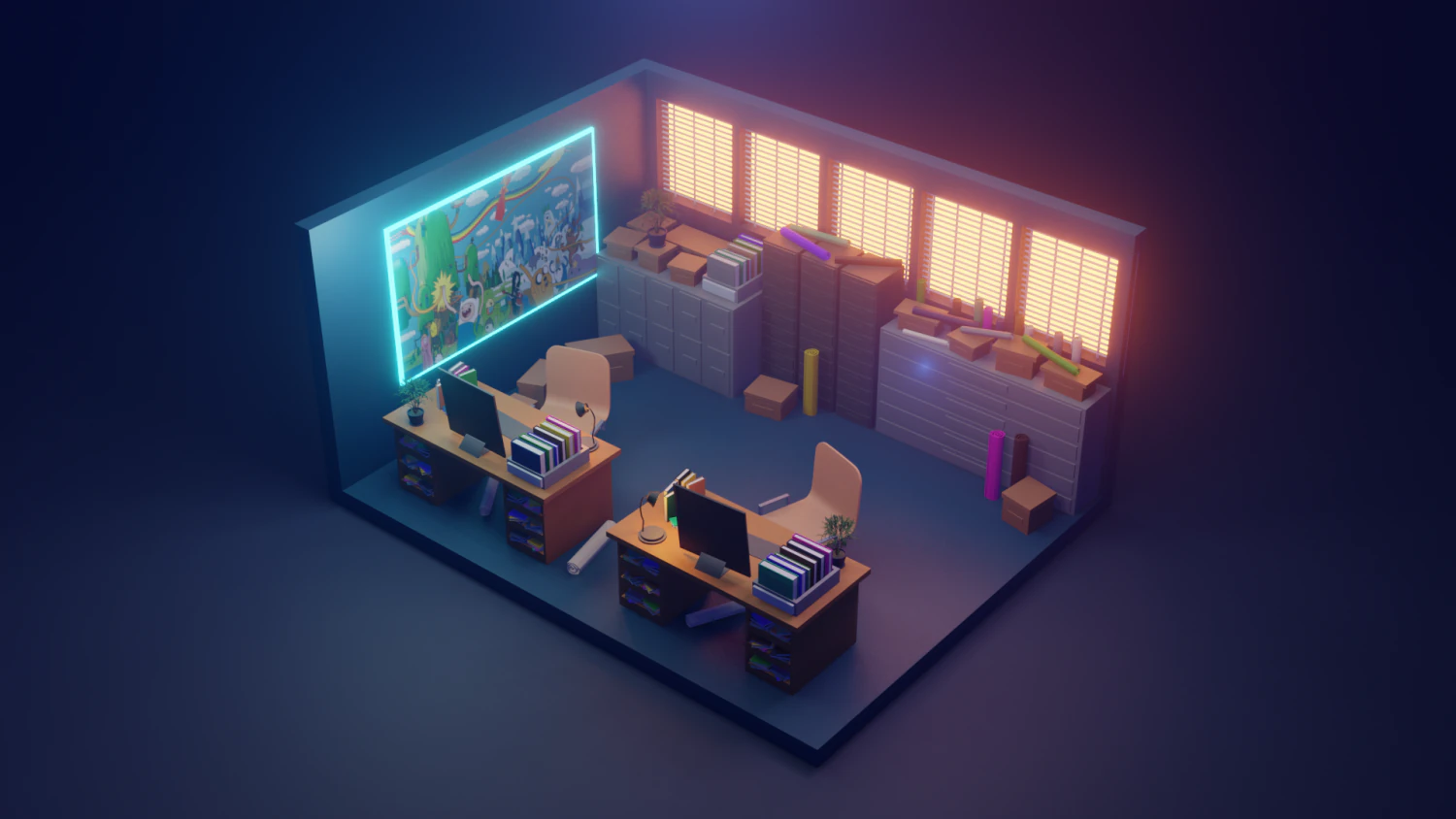 Cena de escrit&oacute;rio low poly Modelo 3D .c4d .max .obj .3ds .fbx .stl .blend 