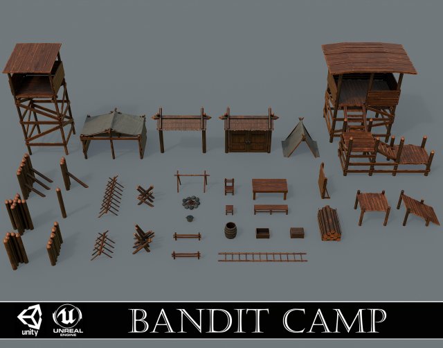 Set of 33 medieval bandit camping assets 3D 模型 .c4d .max .obj .3ds .fbx .stl .blend 