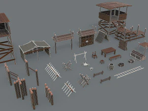 33 個の中世の山賊キャンプ アセットのセット 3Dモデル