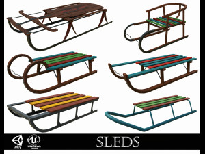 christmas set of 6 old wooden sleds 3D Model