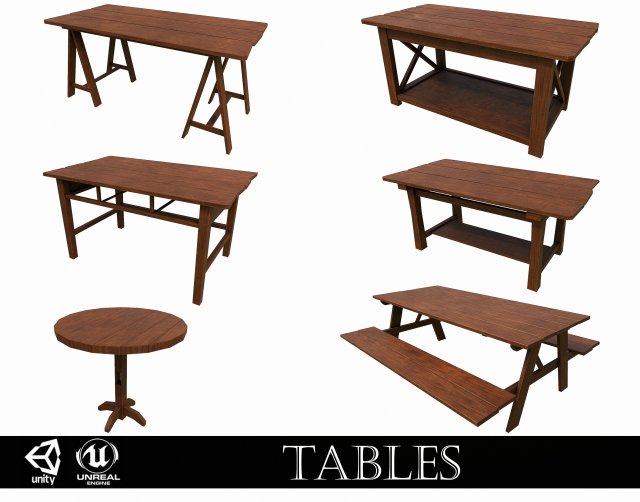 Set of 6 antique medieval wooden tables 3D 模型 .c4d .max .obj .3ds .fbx .stl .blend 