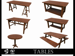 set of 6 antique medieval wooden tables 3D Model