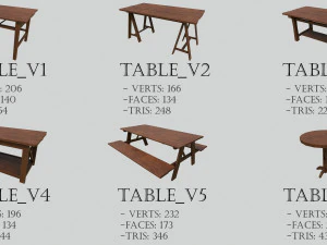 Set of 6 antique medieval wooden tables 3D Model