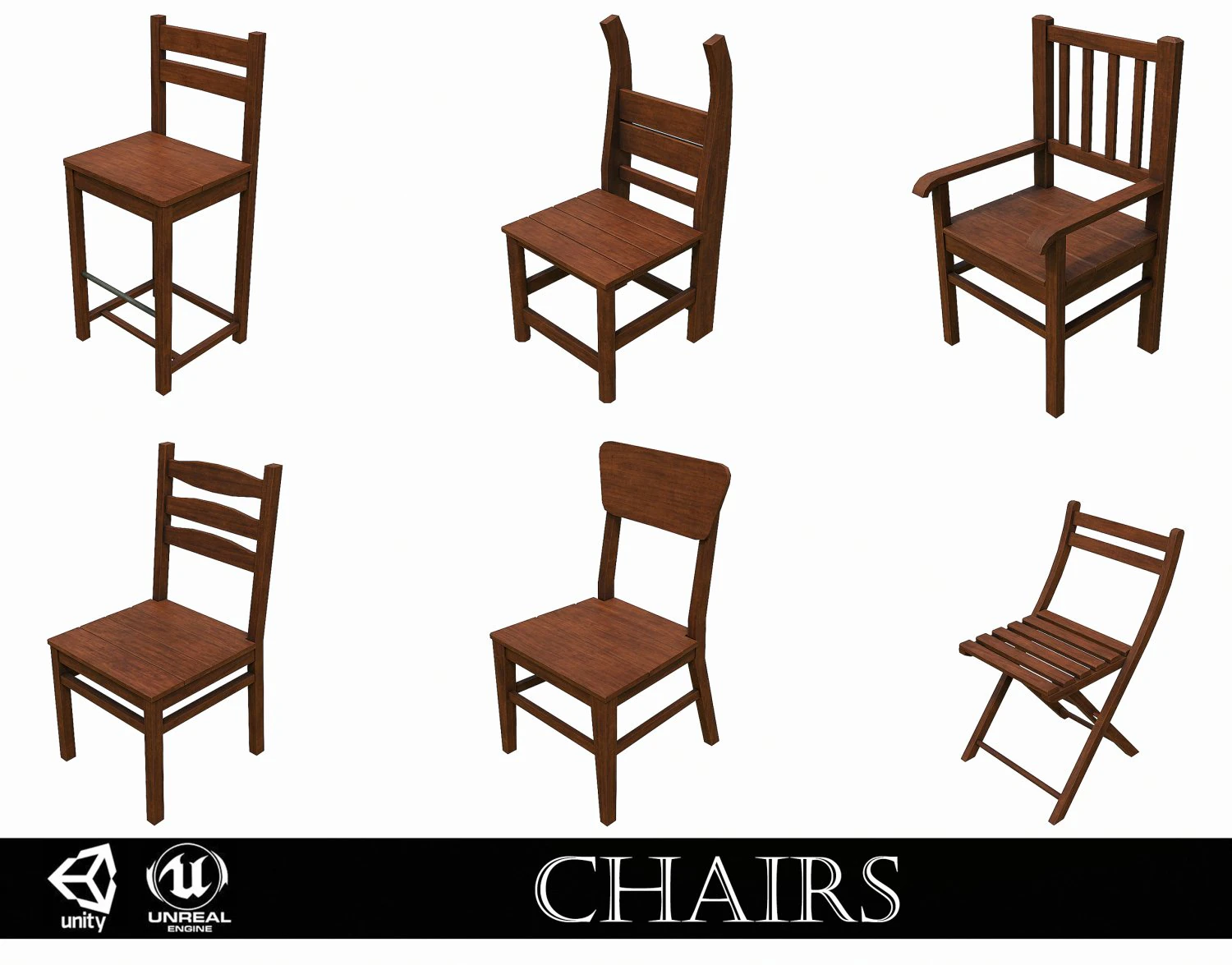 Set of 6 antique medieval wooden chairs 3D Model .c4d .max .obj .3ds .fbx .stl .blend 