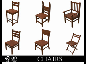 set of 6 antique medieval wooden chairs 3D Model