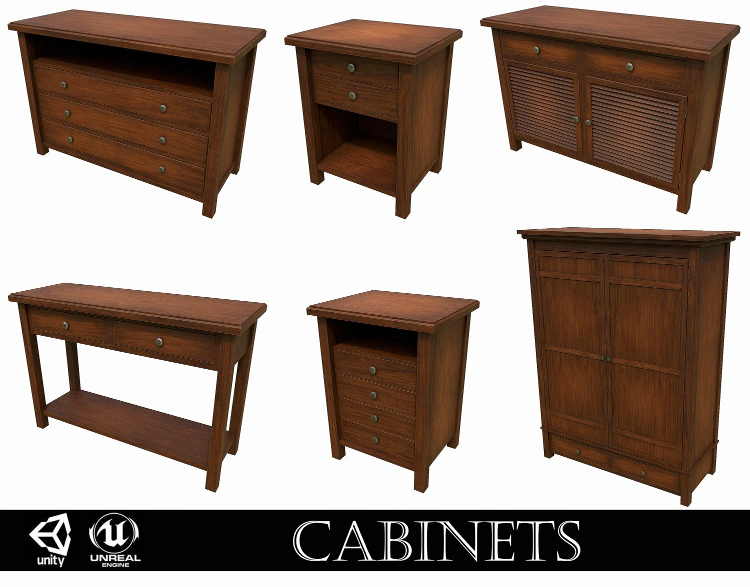 set of 6 antique medieval wooden cabinets 3D Model .c4d .max .obj .3ds .fbx .stl .blend 