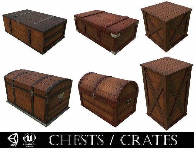 Set of 6 medieval wooden chests and crates Model 3D .c4d .max .obj .3ds .fbx .stl .blend 