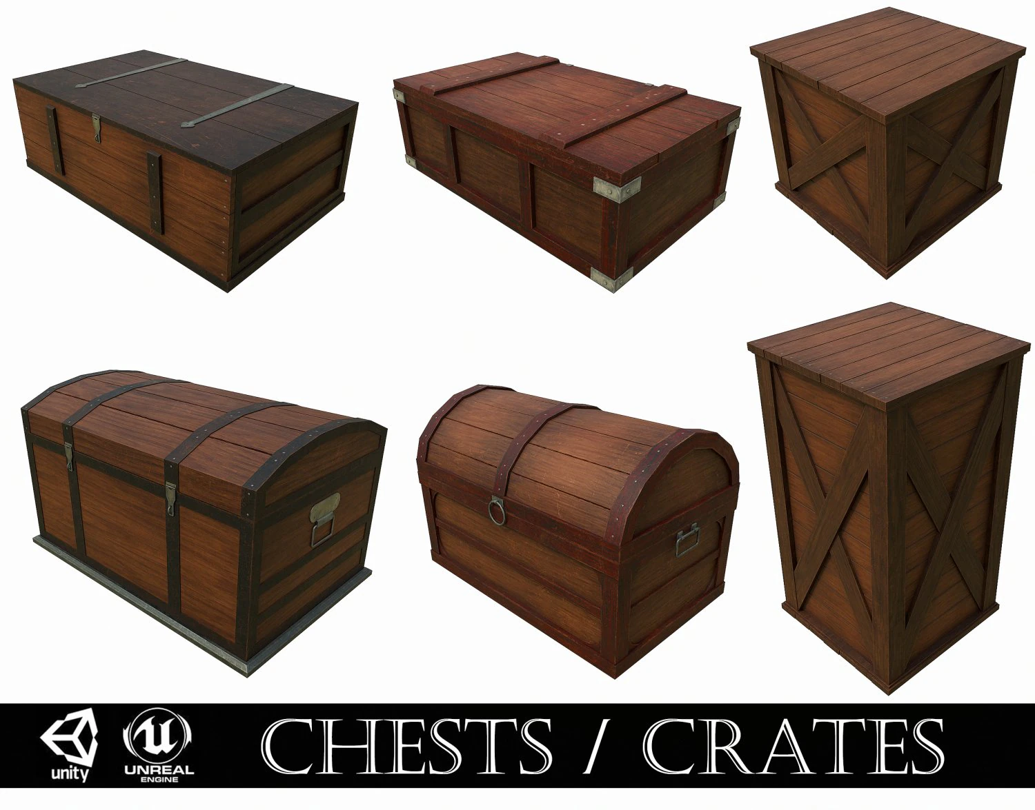 Set of 6 medieval wooden chests and crates 3D Model .c4d .max .obj .3ds .fbx .stl .blend
