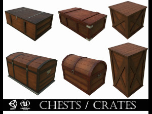 set of 6 medieval wooden chests and crates 3D Model