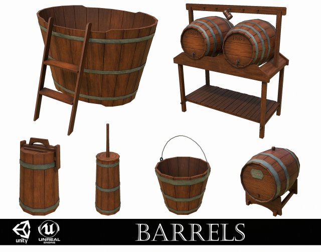 set of 6 medieval wooden barrels and buckets 3D Модель .c4d .max .obj .3ds .fbx .stl .blend 