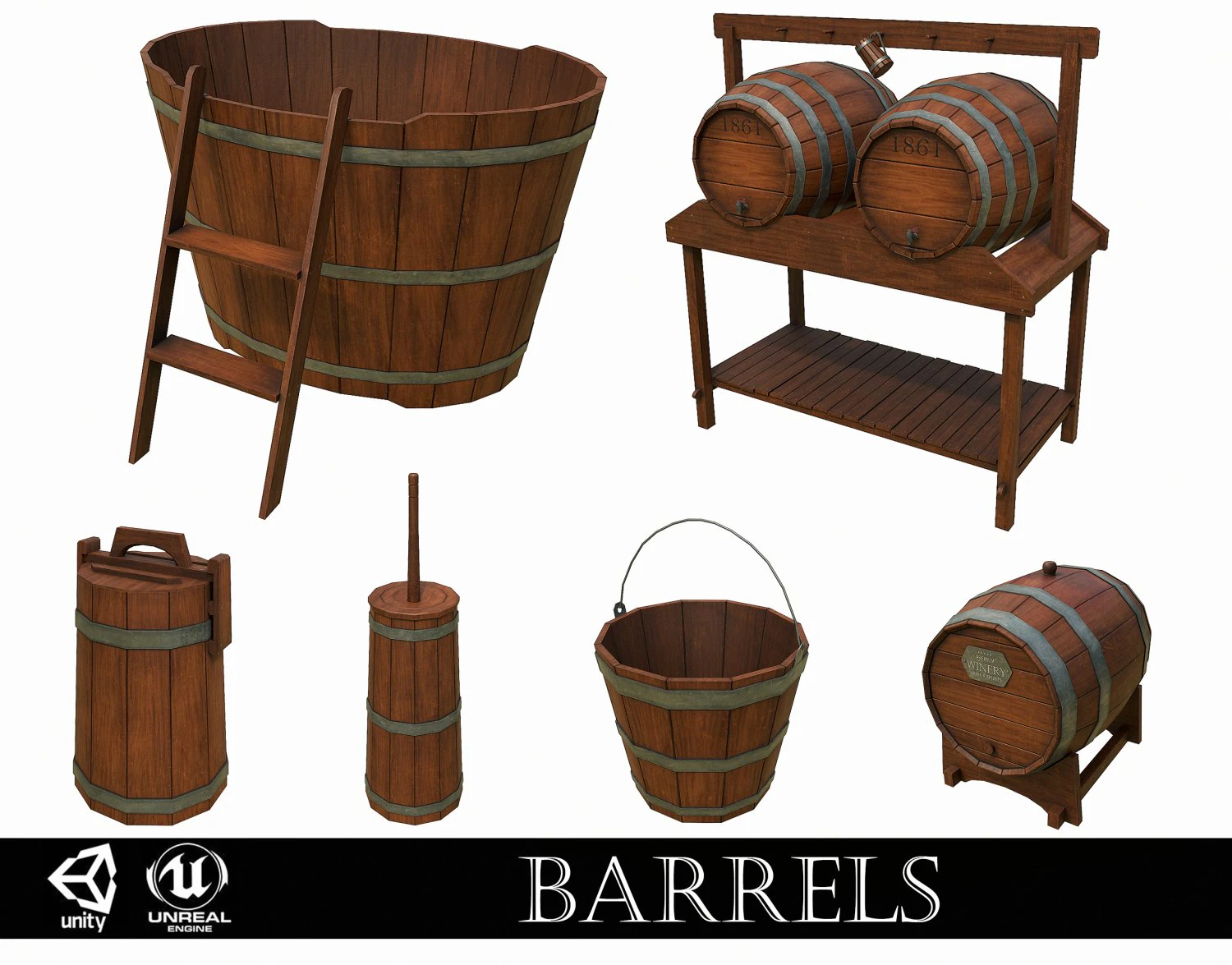set of 6 medieval wooden barrels and buckets 3D Model .c4d .max .obj .3ds .fbx .stl .blend 