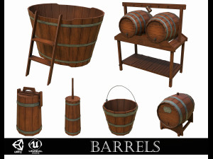 set of 6 medieval wooden barrels and buckets 3D Model