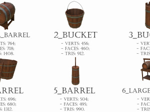 set of 6 medieval wooden barrels and buckets 3D Модель