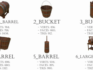 set of 6 medieval wooden barrels and buckets 3D Model