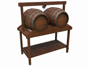 set of 6 medieval wooden barrels and buckets 3D Model
