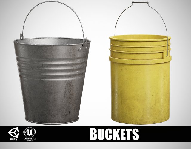 Metal and Plastic Buckets 3D Model .c4d .max .obj .3ds .fbx .stl .blend 