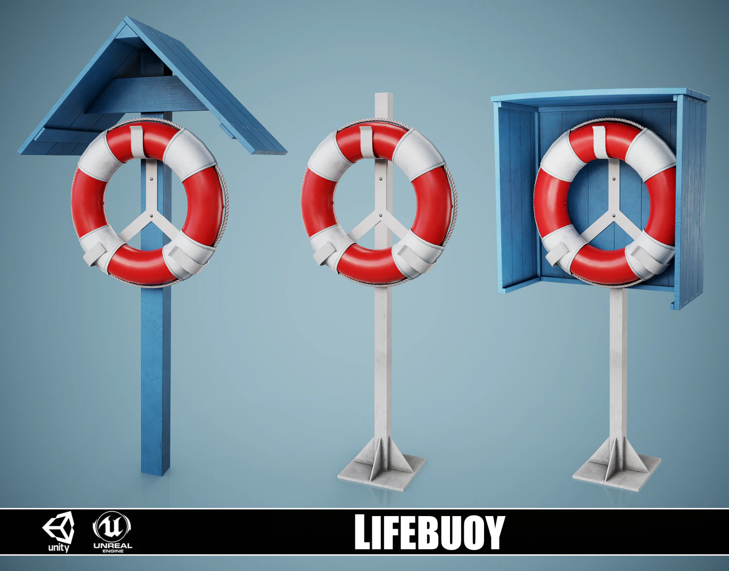 Set of 3 Lifebuoy On Holders 3D Model .c4d .max .obj .3ds .fbx .stl .blend 