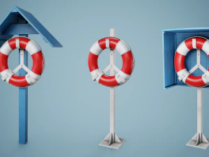 Set of 3 Lifebuoy On Holders 3D Model