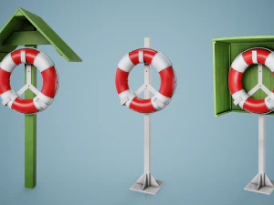 Set of 3 Lifebuoy On Holders 3D Model