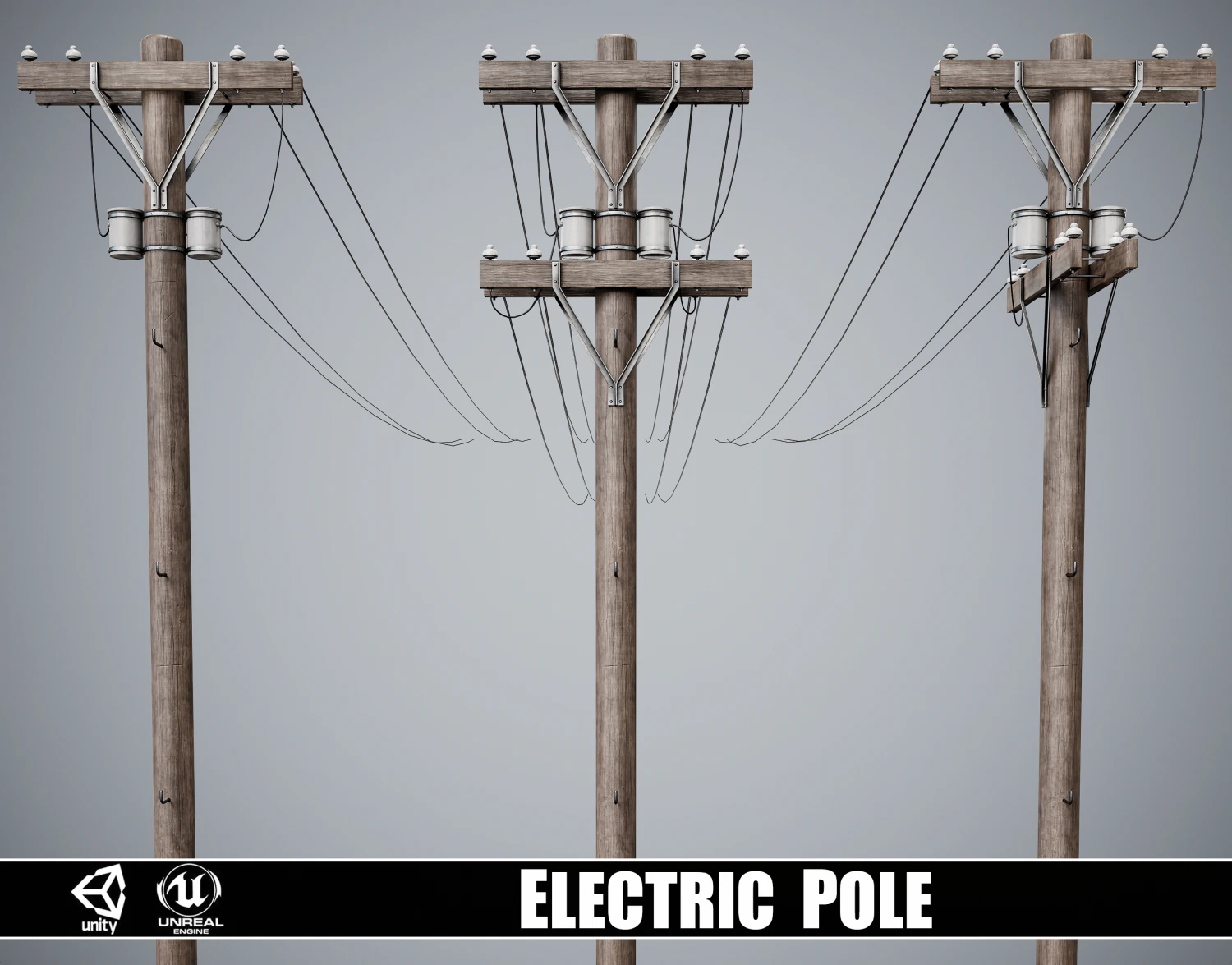 Conjunto de 3 Postes El&eacute;tricos Diversos Modelo 3D .c4d .max .obj .3ds .fbx .stl .blend 