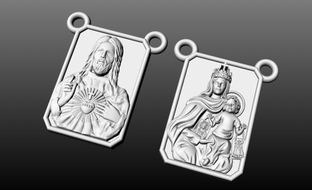 Sacred Heart And Our Lady of Carmen Golden Scapular Pendant 3D 3D 프린트 모델 .c4d .max .obj .3ds .fbx .stl .blend 