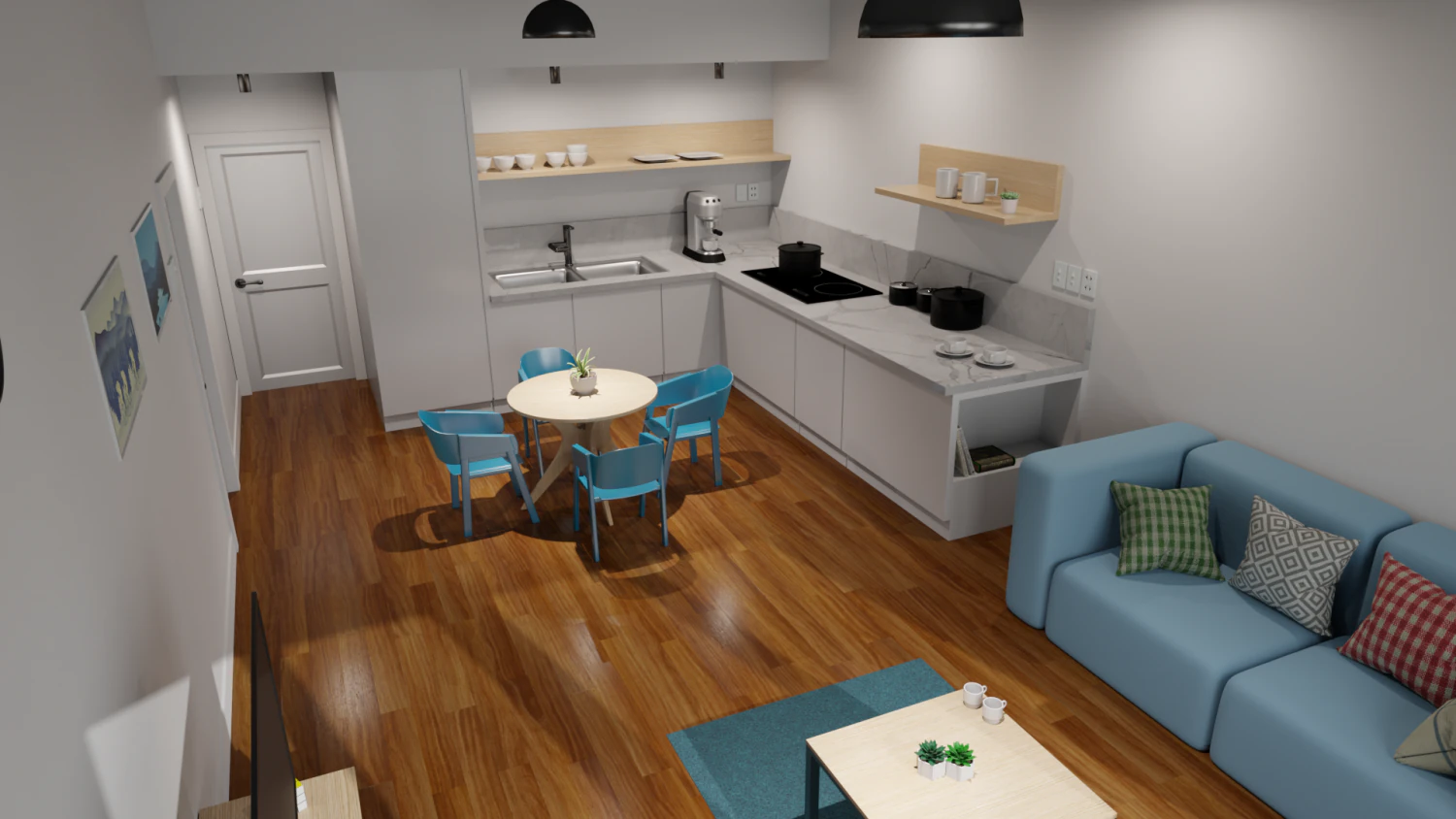 living room and kitchen 3D Model .c4d .max .obj .3ds .fbx .stl .blend 