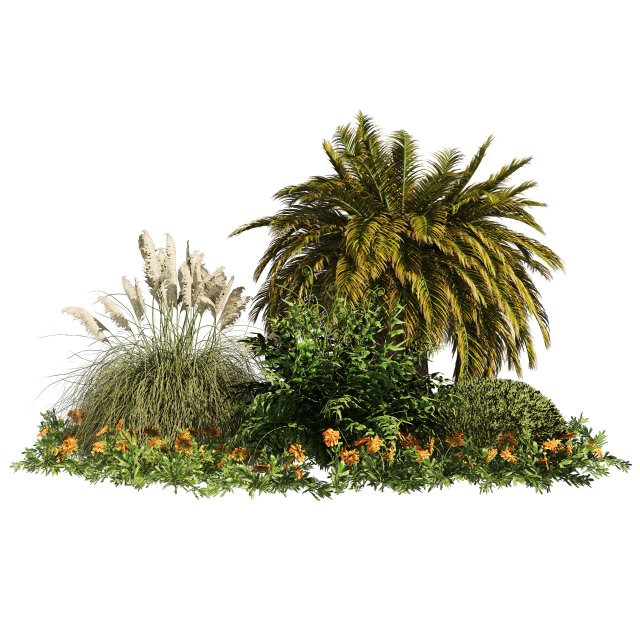 Outdoor Garden Set Palm Tree Bush flowers Modelo 3D .c4d .max .obj .3ds .fbx .stl .blend 