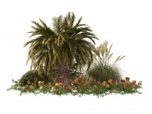 Outdoor Garden Set Palm Tree Bush flowers Modelo 3D