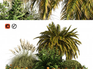Outdoor Garden Set Palm Tree Bush flowers Modelo 3D