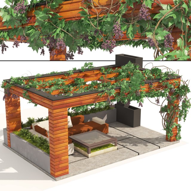 Grape Vine Pergola with furniture 3D Model .c4d .max .obj .3ds .fbx .stl .blend 
