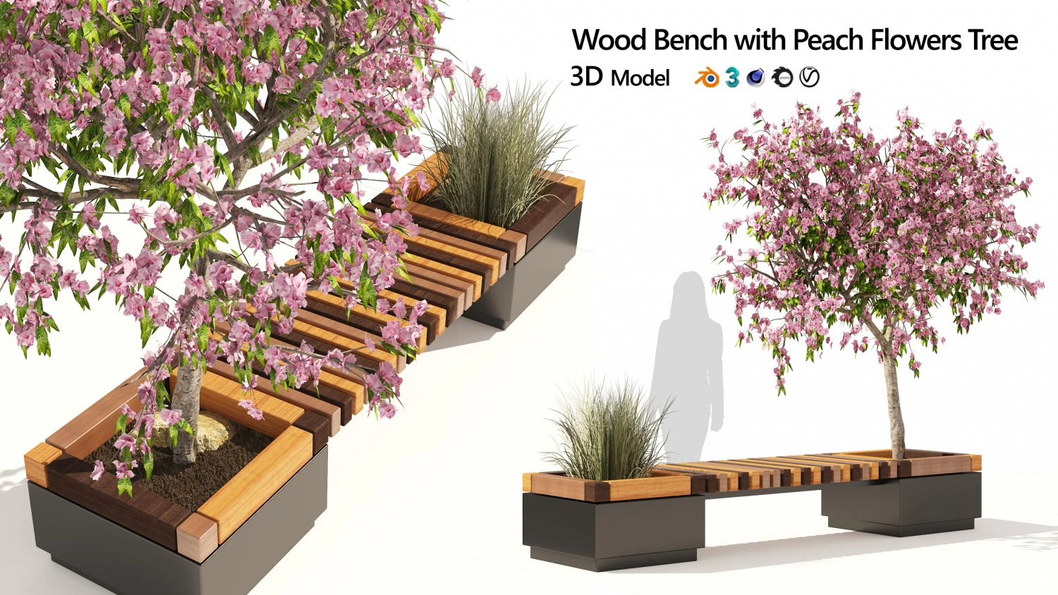 Wood Bench with Peach Flower Grass Planter 3D Model .c4d .max .obj .3ds .fbx .stl .blend