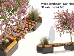Wood Bench with Peach Flower Grass Planter 3D Model