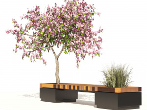 Wood Bench with Peach Flower Grass Planter Modelo 3D