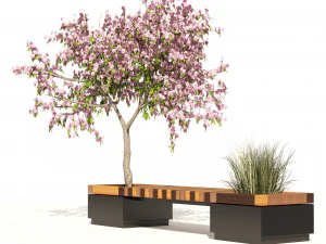 Wood Bench with Peach Flower Grass Planter 3D Model