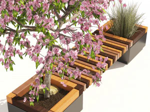 Wood Bench with Peach Flower Grass Planter 3D Model