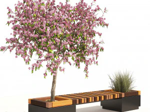 Wood Bench with Peach Flower Grass Planter 3D Model