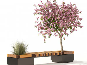 Wood Bench with Peach Flower Grass Planter 3D Model